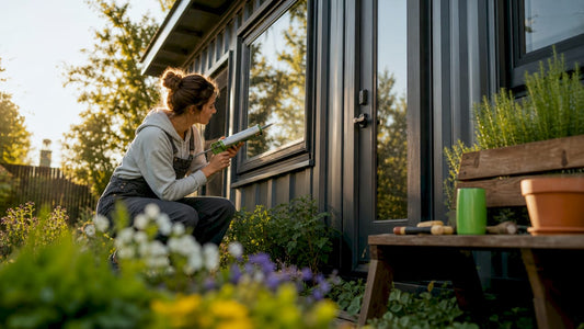 Woman inspecting tiny home exterior seals