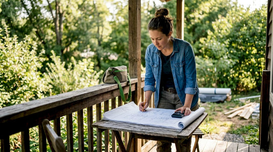 Woman planning tiny home budget inside unfinished tiny house
