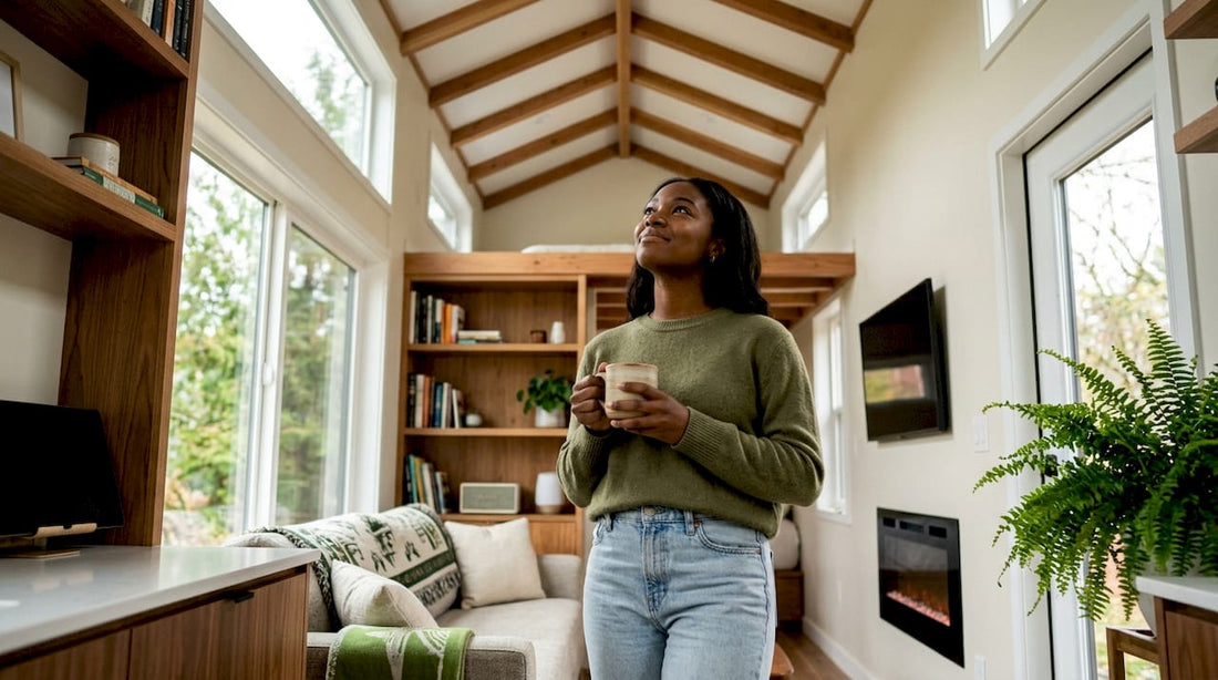 Woman appreciating high ceiling in tiny home