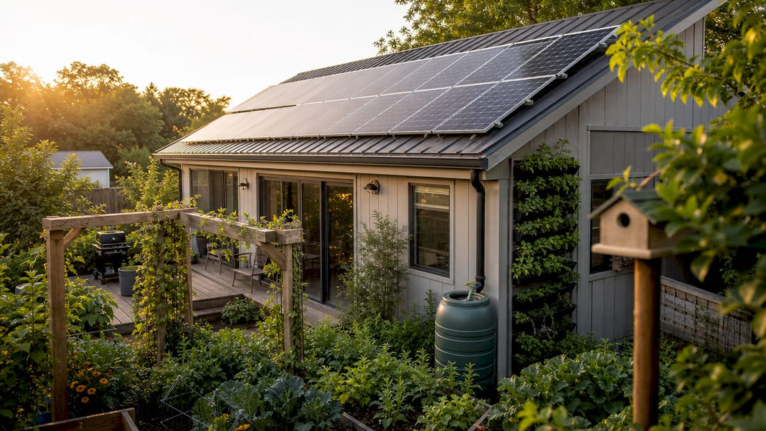 Suburban self-sufficient home with solar panels and garden