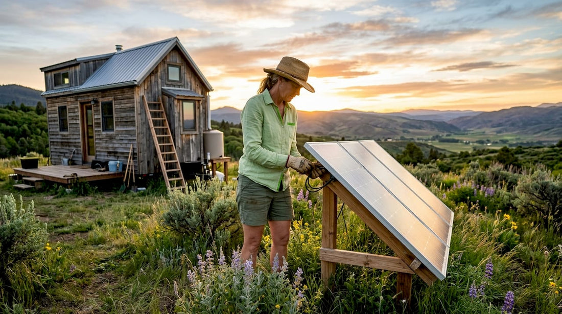Tiny home owner inspecting rooftop solar panels
