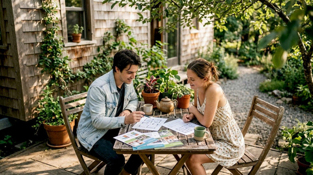Couple reviewing tiny house alternative plans at table