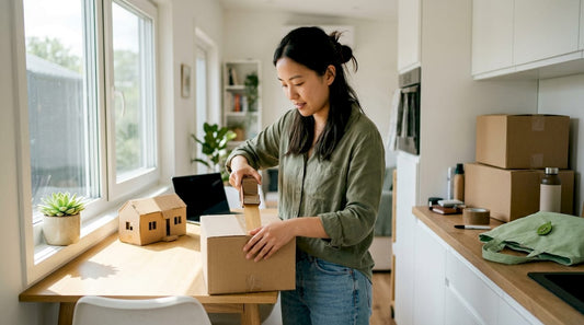 Woman packing in apartment for tiny home move