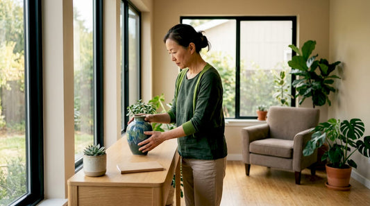 Woman arranging vase in minimalist living room
