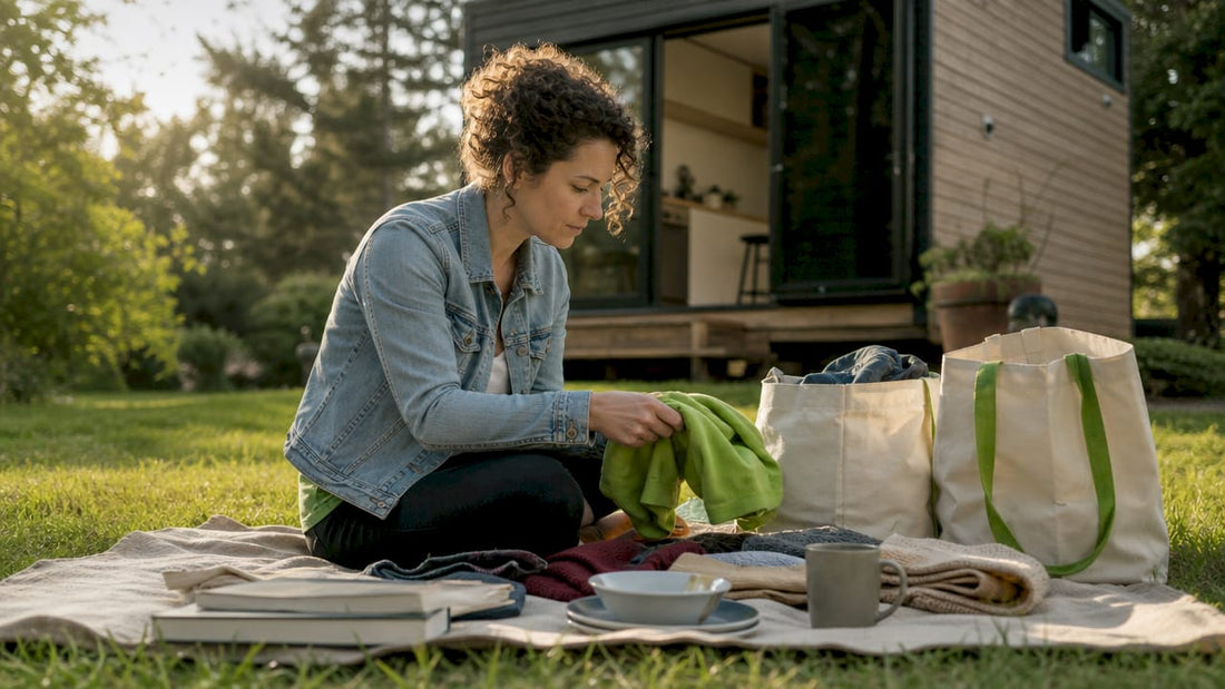 Person sorting belongings on floor for tiny home move