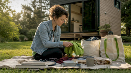 Person sorting belongings on floor for tiny home move