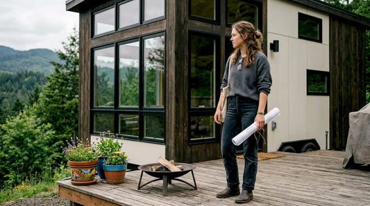 Woman outside a modern tiny home holding blueprints