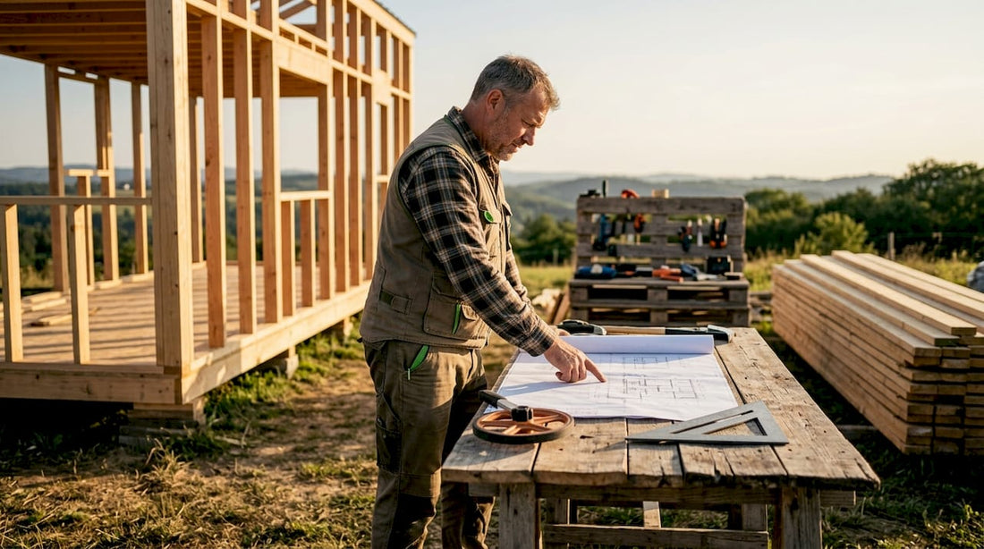 Builder reviewing tiny house site planning blueprints