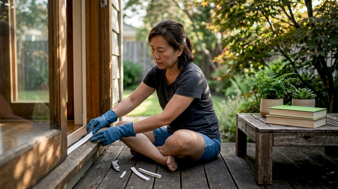 Woman installing window weatherstripping at home