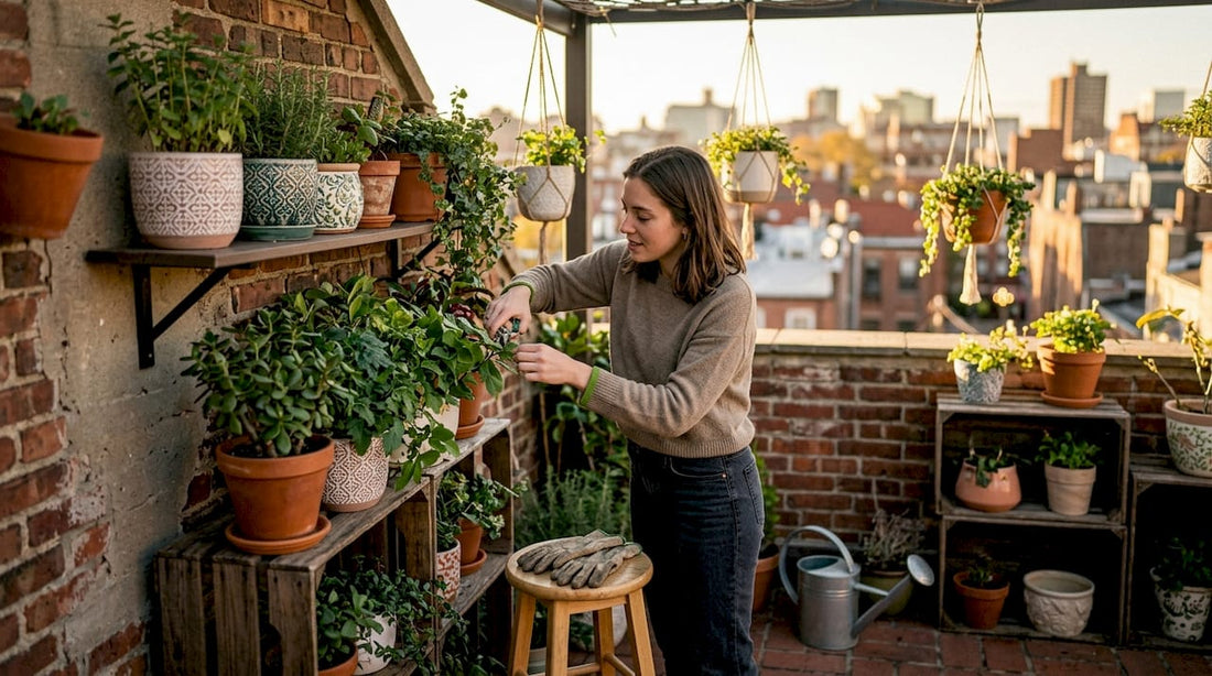 Woman watering plants on small balcony garden