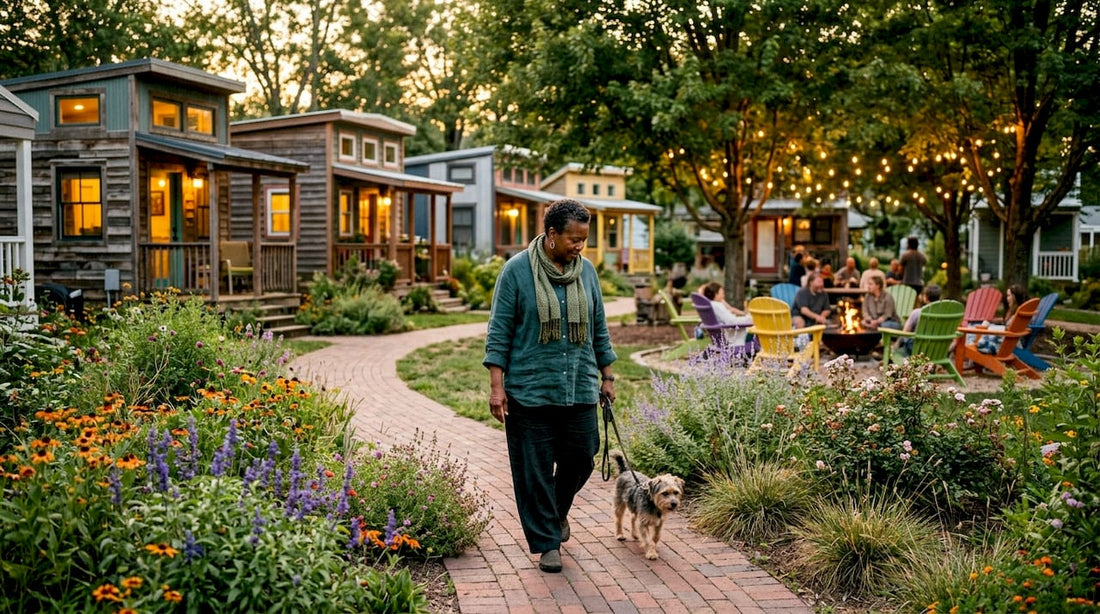 Tiny home community with resident walking dog