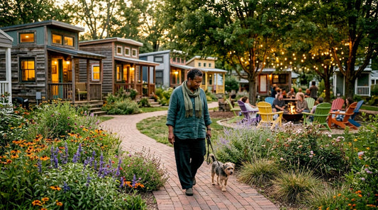 Tiny home community with resident walking dog
