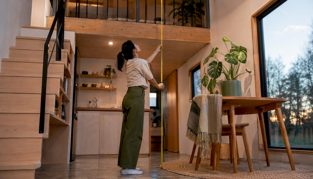Woman measuring loft in tiny home interior