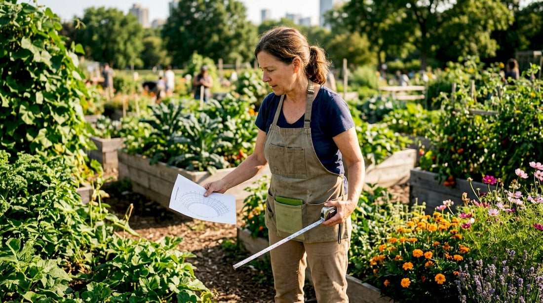 Woman assessing backyard site for greenhouse sunlight