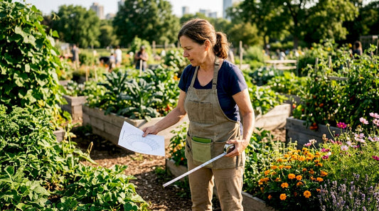 Woman assessing backyard site for greenhouse sunlight