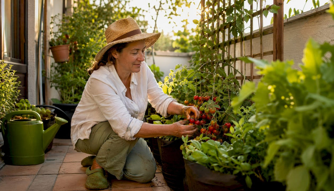 Woman harvesting tomatoes in home garden