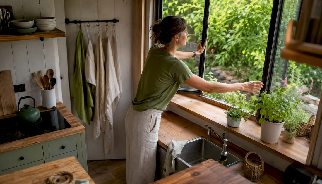 Woman adjusting window in airy tiny home interior