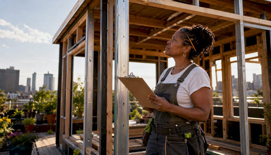 Female builder inspecting tiny home framing