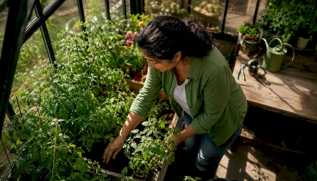 Woman gardening inside home greenhouse