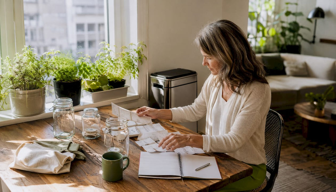 Woman planning waste reduction at kitchen table