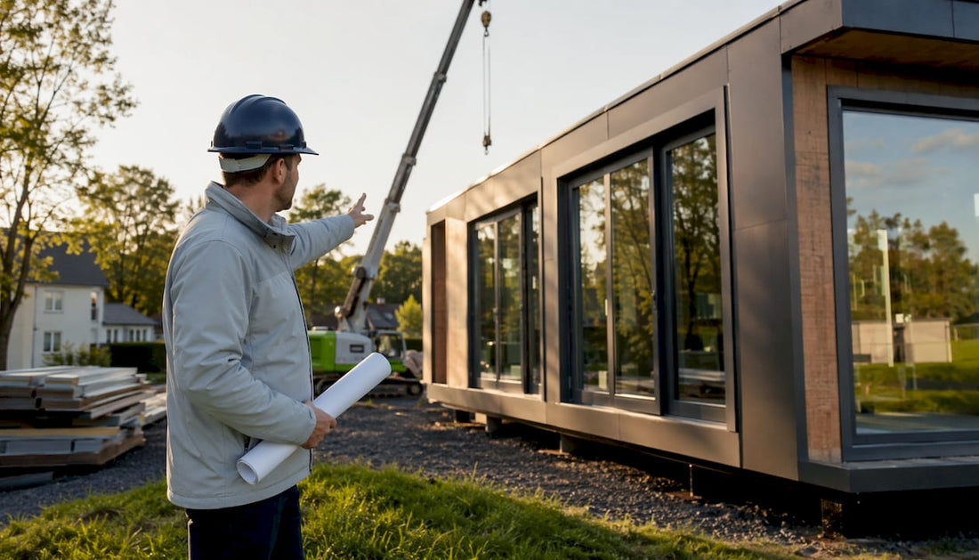Construction manager inspecting modular outdoor building