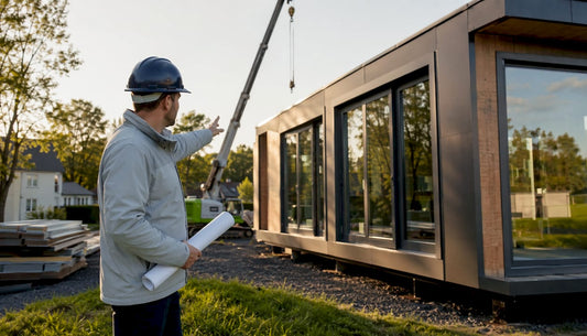 Construction manager inspecting modular outdoor building