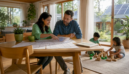 Family reviewing downsizing home plans