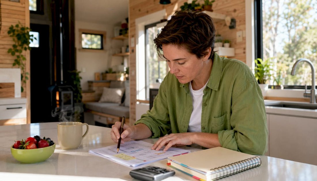 Person budgeting tiny home costs at desk