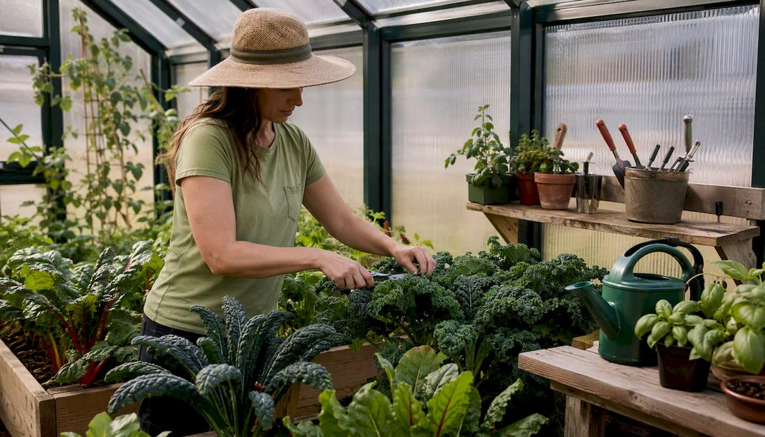 Gardener harvesting greens in greenhouse