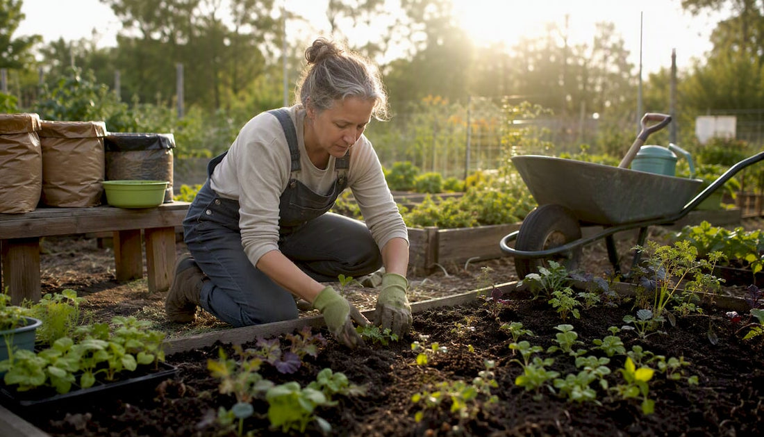 Person planting seedlings in backyard raised beds