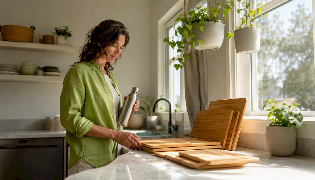 Homeowner inspecting durable eco-friendly kitchen items