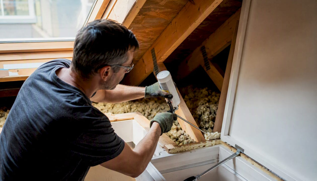 Hands sealing attic hatch air leaks