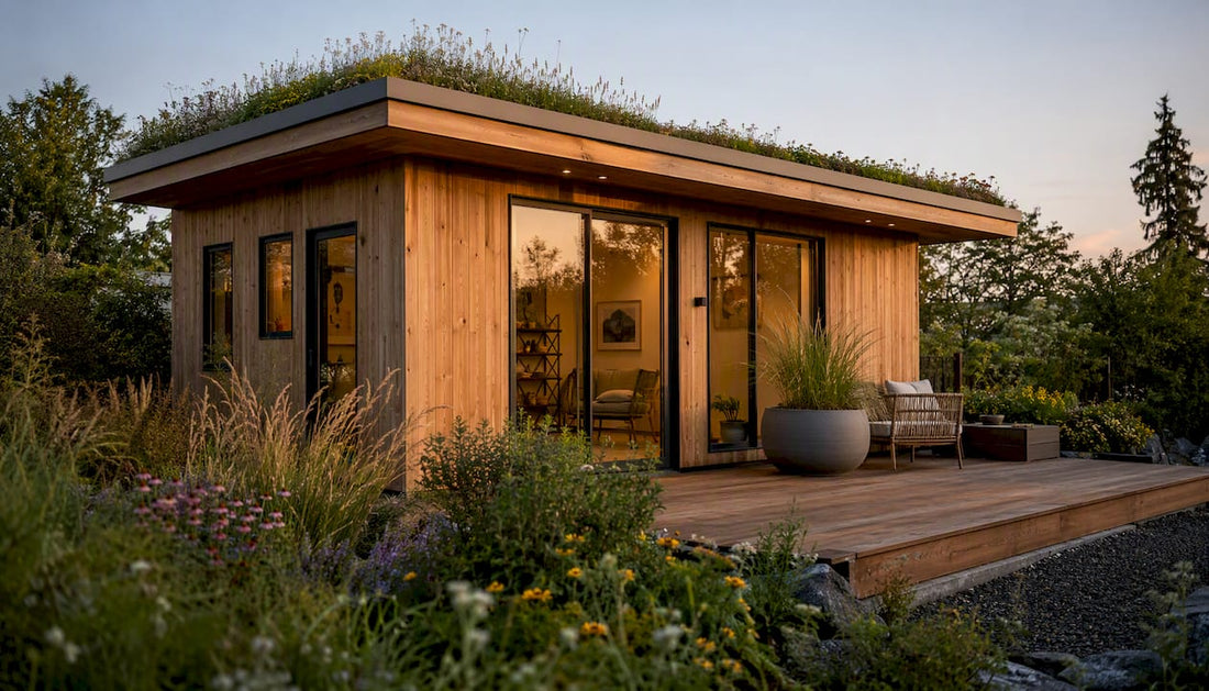 Exterior view of modern tiny home with solar panels
