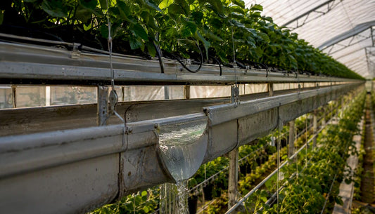 Greenhouse gutter system with flowing water and hanging plants