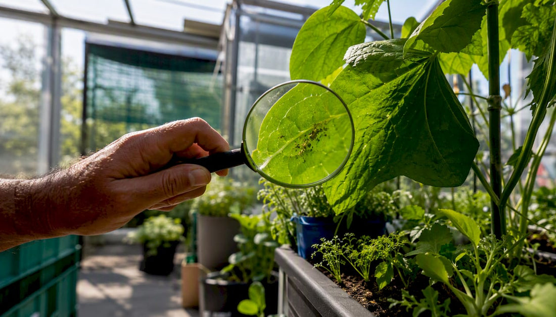 Hand inspecting aphids on leaf in greenhouse