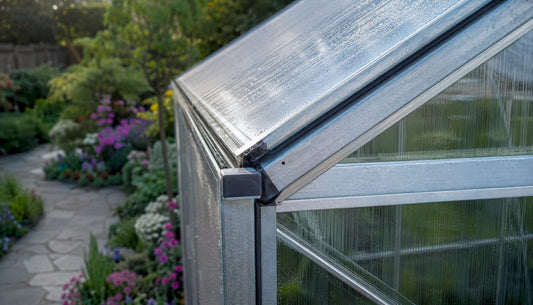 Close-up of aluminum greenhouse frame with polycarbonate glazing