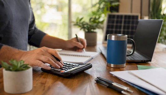 Hands calculating household sustainability costs