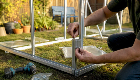 Hands assembling greenhouse frame on gravel base