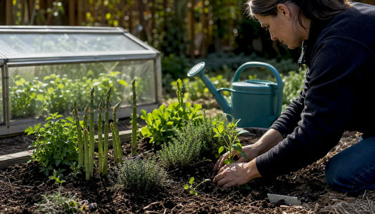 Hands planting perennial seedlings in backyard garden bed