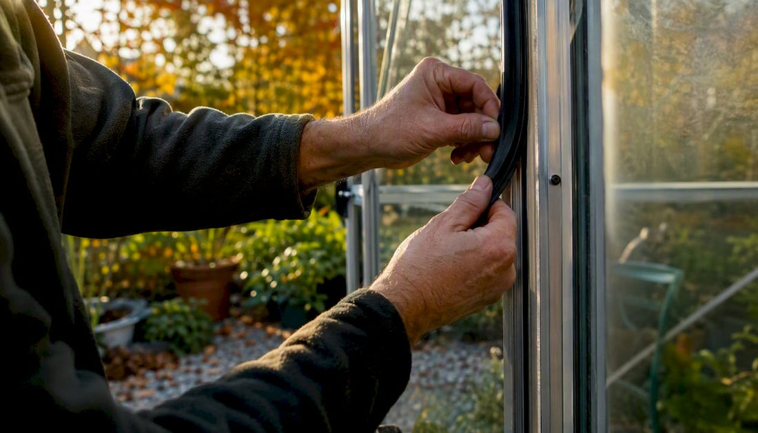 Hands sealing greenhouse door with weatherstrip