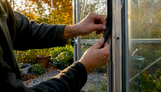 Hands sealing greenhouse door with weatherstrip