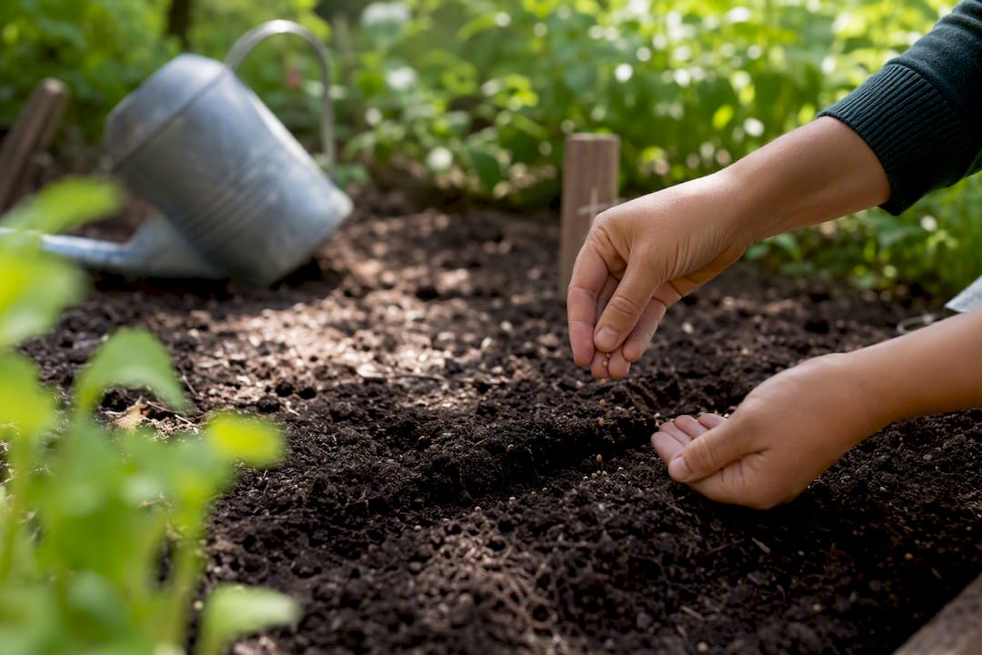 Hands sowing radish seeds in garden soil