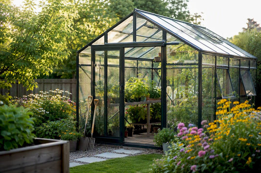 Backyard greenhouse exterior with plants and tools