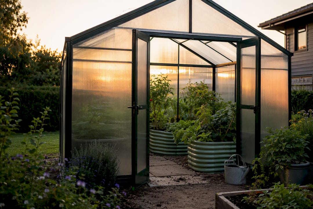 Exterior of walk-in greenhouse with plants inside