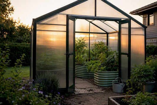 Exterior of walk-in greenhouse with plants inside