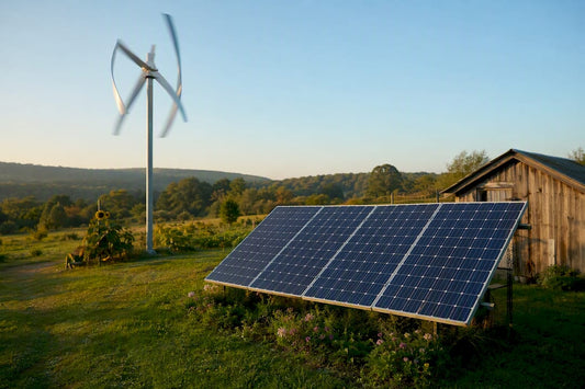 Hybrid solar panels with small wind turbine outdoors