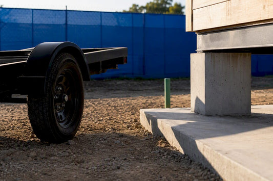 Wheel chassis beside concrete foundation edge