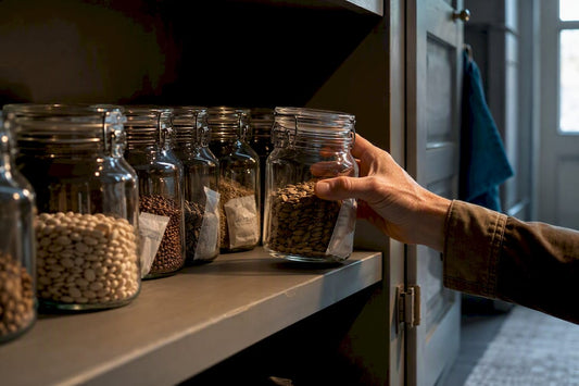 Sealed jars of seeds in cabinet storage