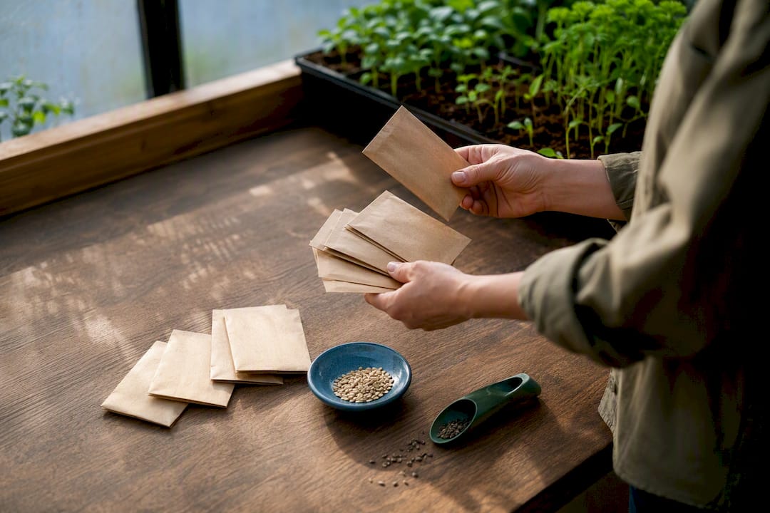 Hands comparing generic garden seed packets