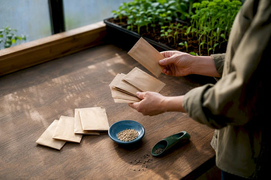 Hands comparing generic garden seed packets